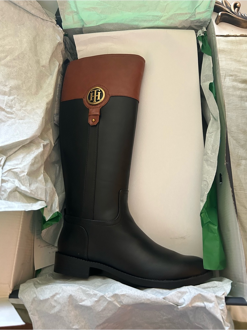 Tommy Hilfiger Black Leather Tall Boot with Brown Cuff